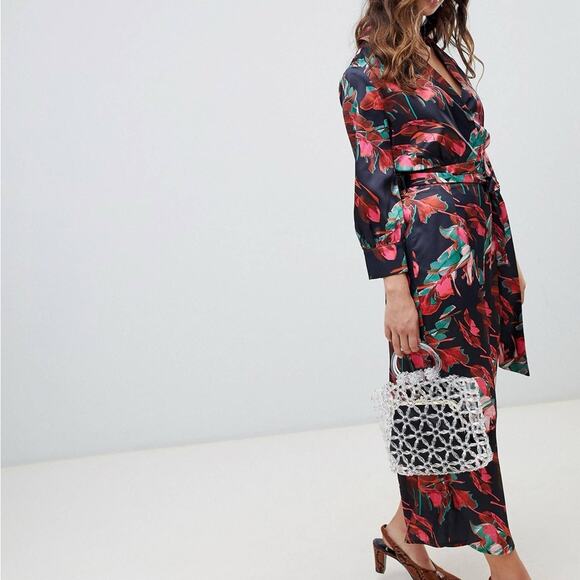 NWT ASOS Lost Ink wide leg jumpsuit with tie waist in abstract floral print XXS - Picture 5 of 16